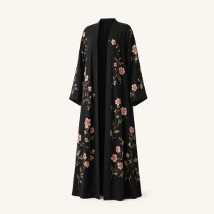 Abito abaya kimono aperto da donna con floreale nero
