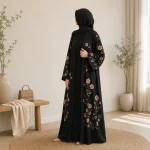 Frau mit schwarzer, vorne offener Blumen-Abaya über einem schwarzen Kleid in einem hellen Raum