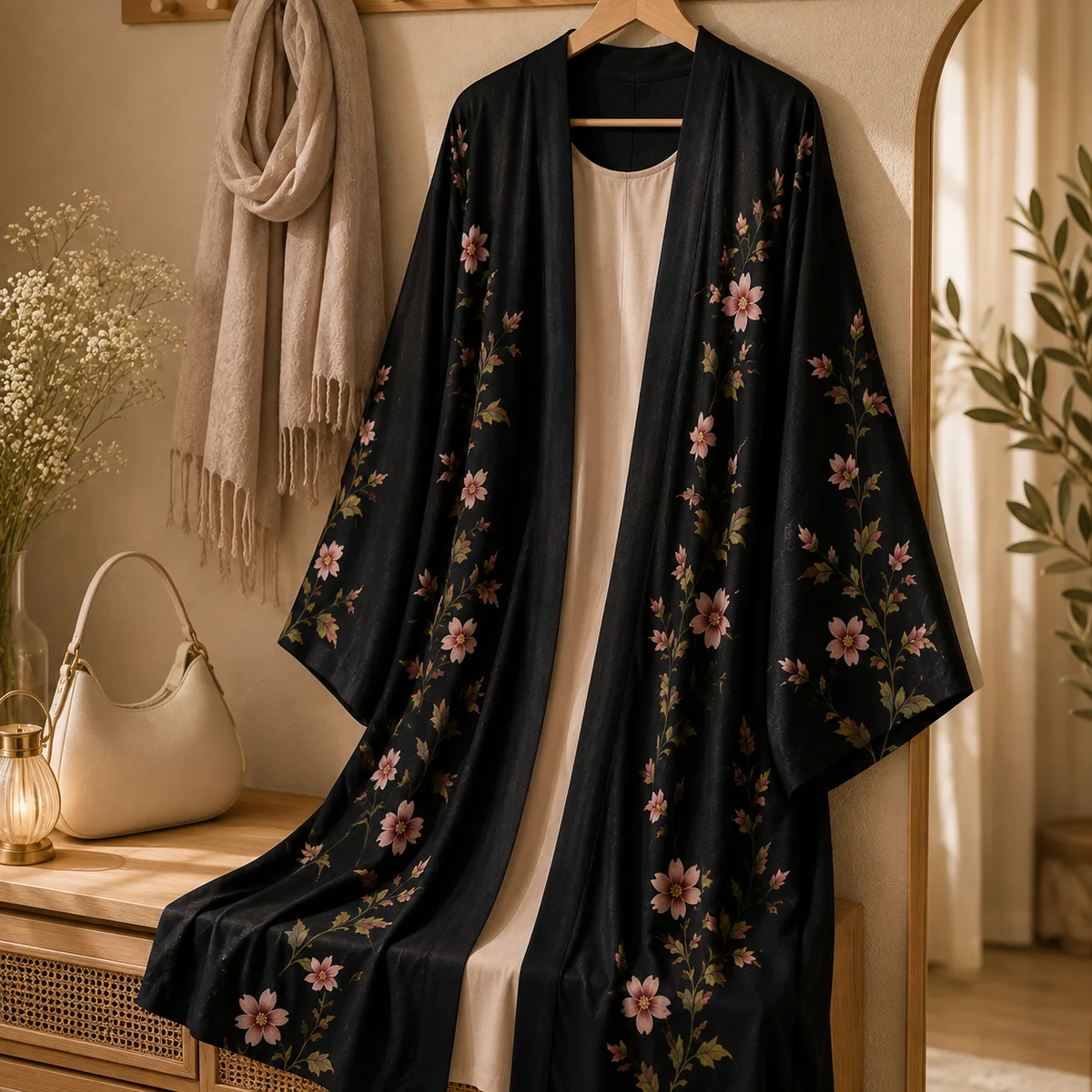 Alltagsszene für Offenes Kimono-Abaya-Kleid für Damen mit schwarzem Blumenprint