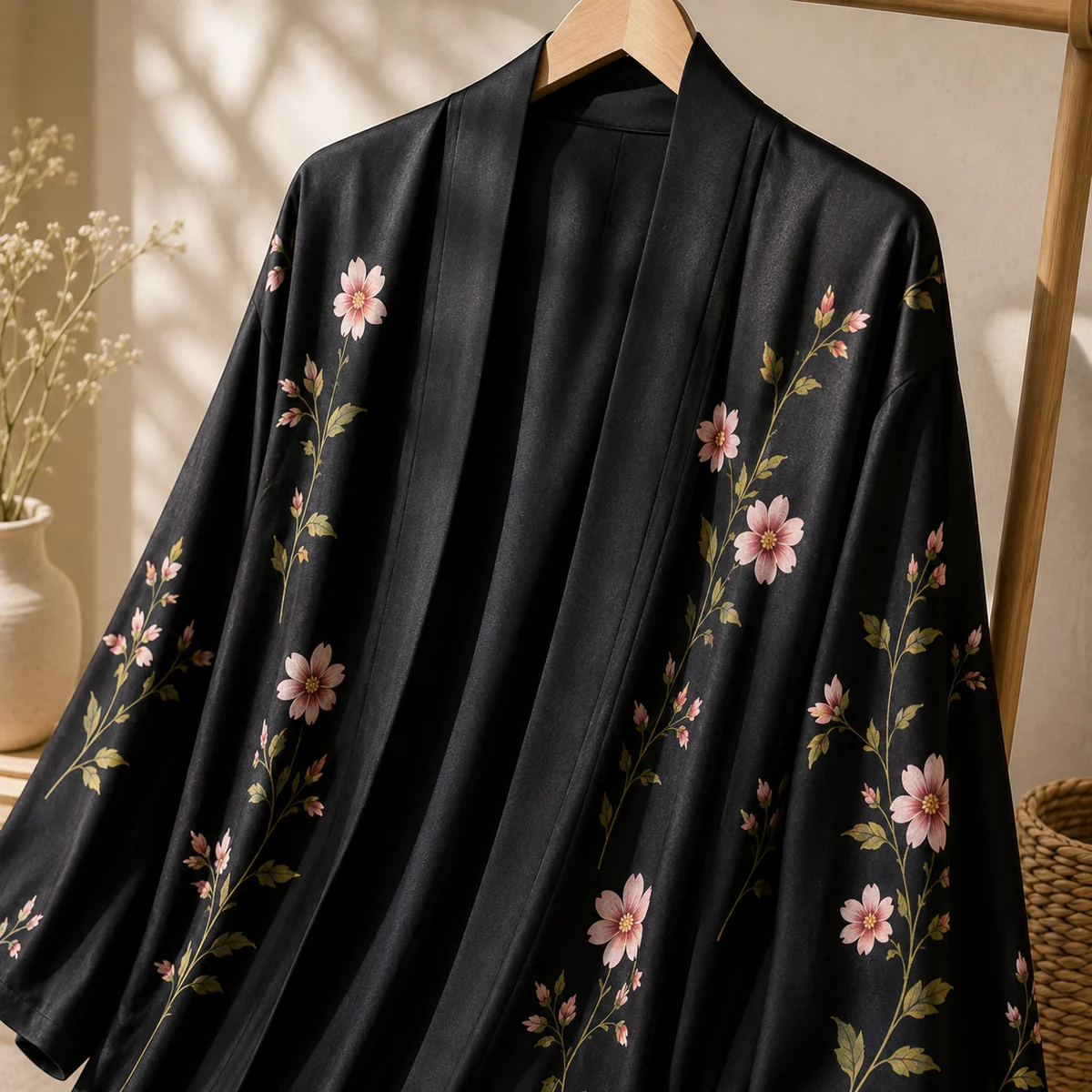 Detailbild für Offenes Kimono-Abaya-Kleid für Damen mit schwarzem Blumenprint