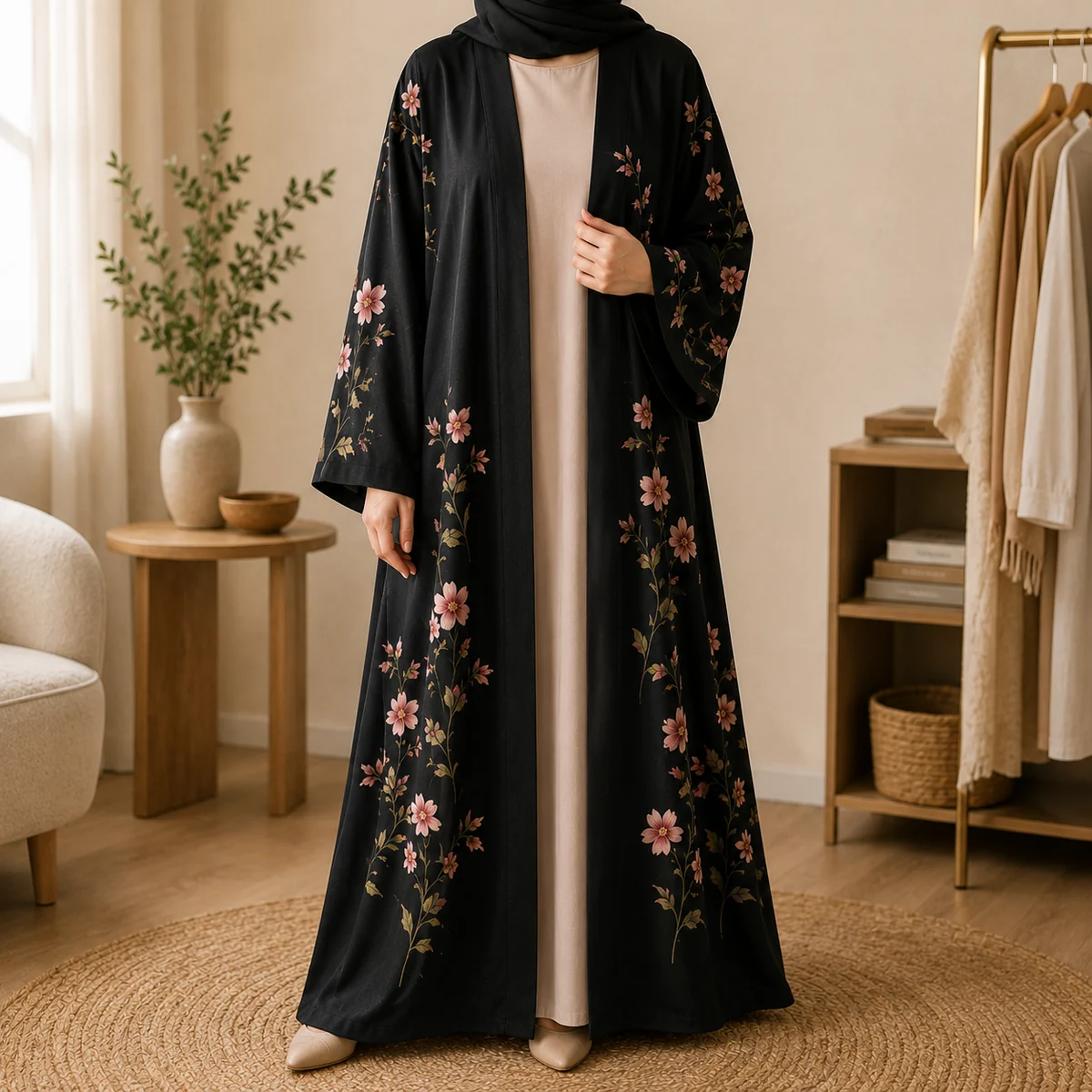 Größen- oder Nutzungsdetail für Offenes Kimono-Abaya-Kleid für Damen mit schwarzem Blumenprint