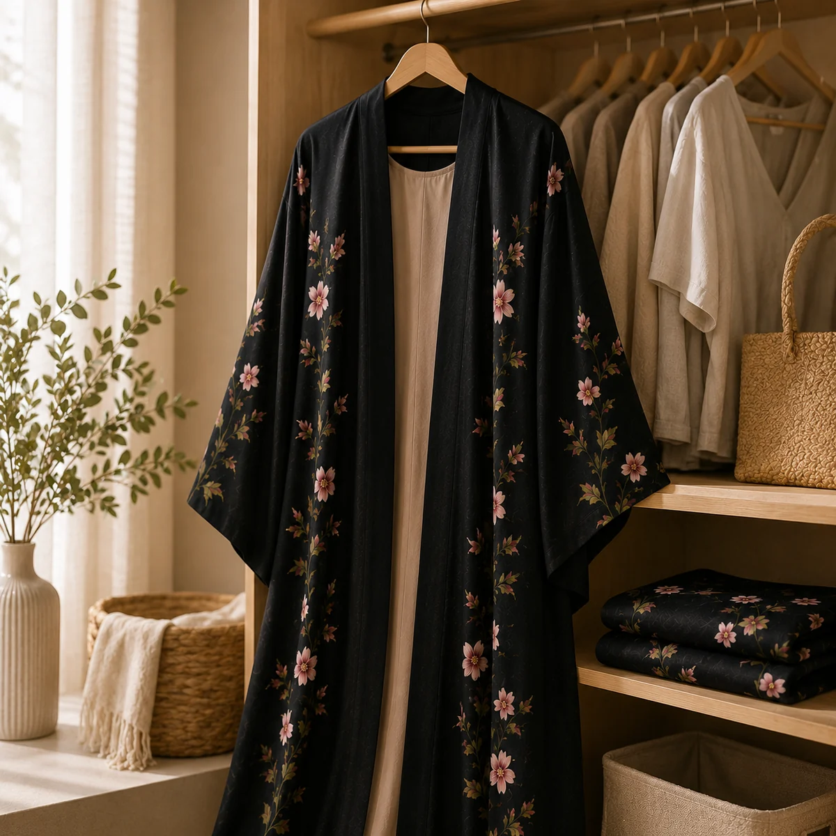 Kaufprüfung für Offenes Kimono-Abaya-Kleid für Damen mit schwarzem Blumenprint