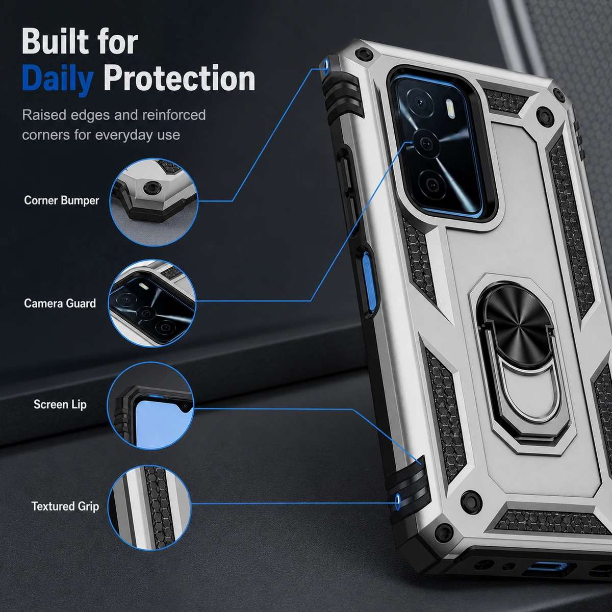Stoßfeste Oppo A16 A74 Reno 6 Armor-Hülle mit 360°-Ringständer Material und Aufbau