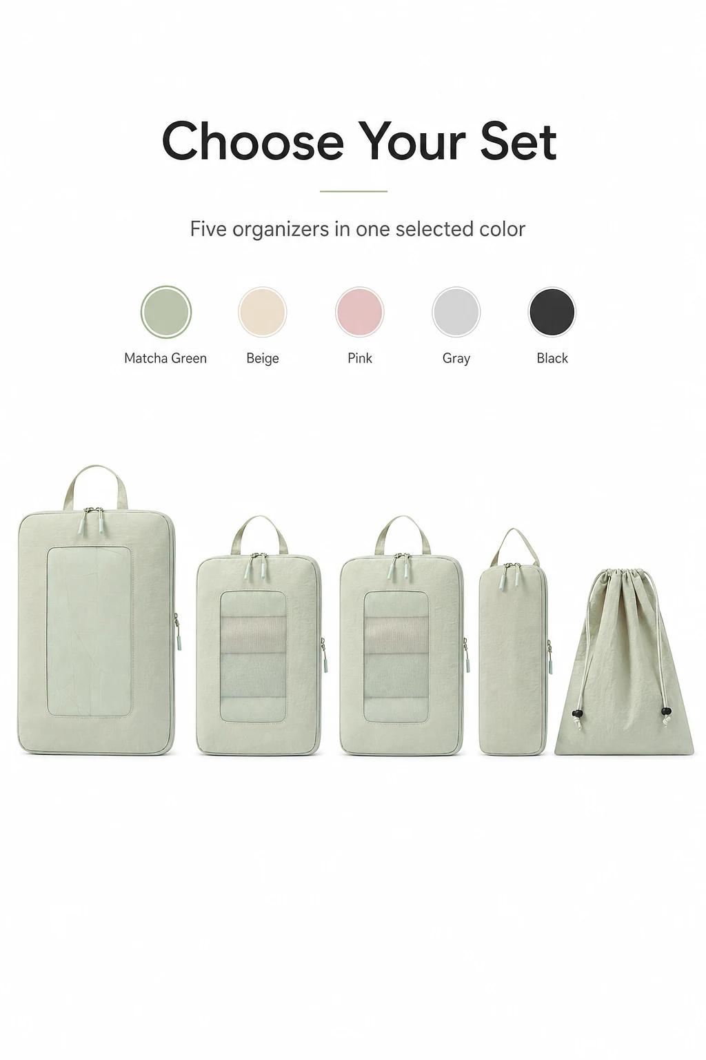 Cinco organizadores verdes bajo una guía de los cinco colores disponibles