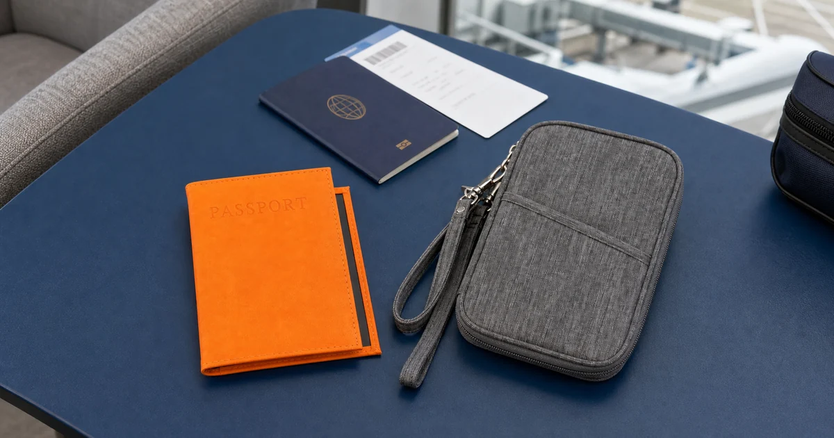 Funda naranja para pasaporte y cartera de viaje gris con cremallera sobre una mesa de viaje