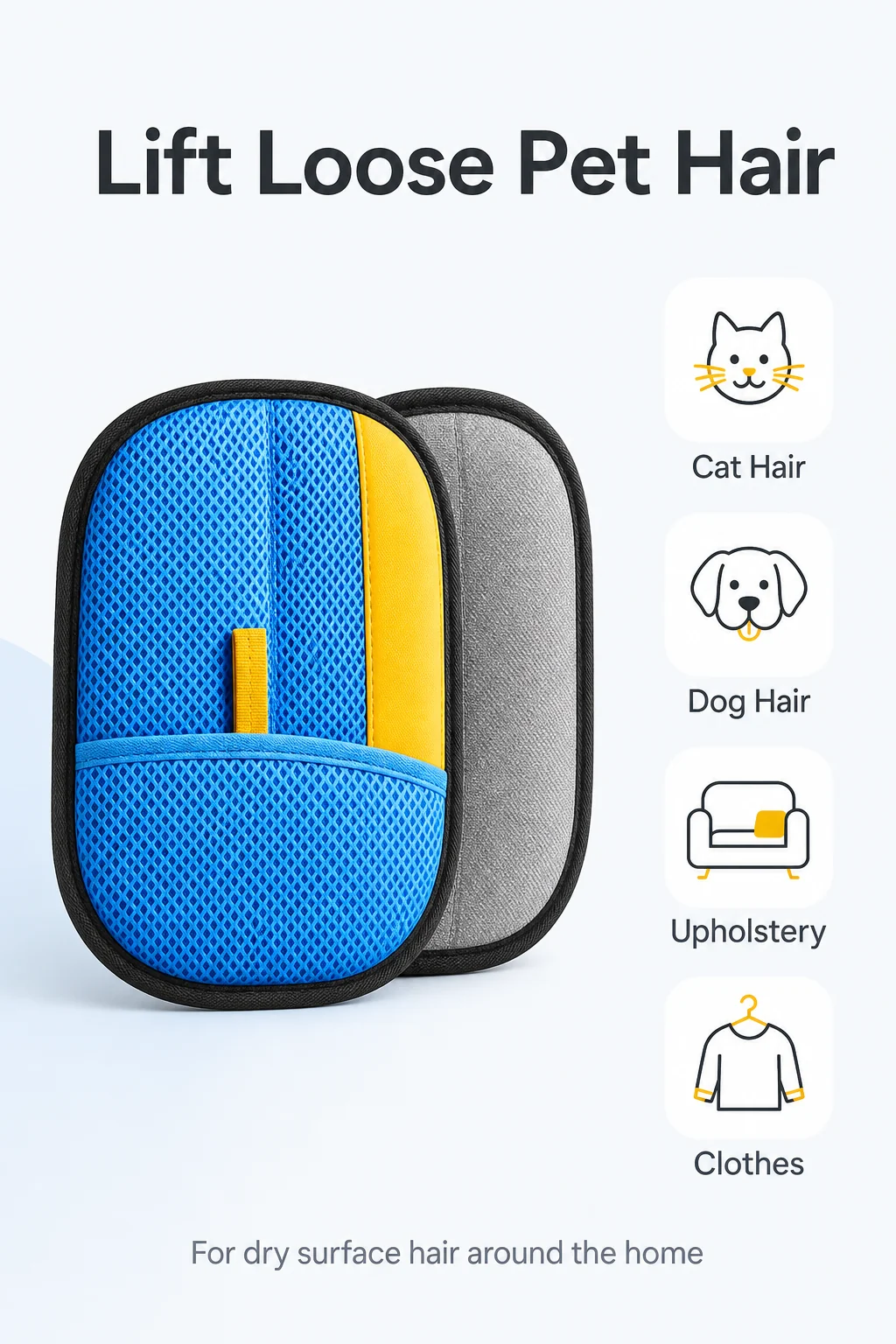 infográfico Lift Loose Pet Hair para luva removedora de pelos de gatos e cachorros