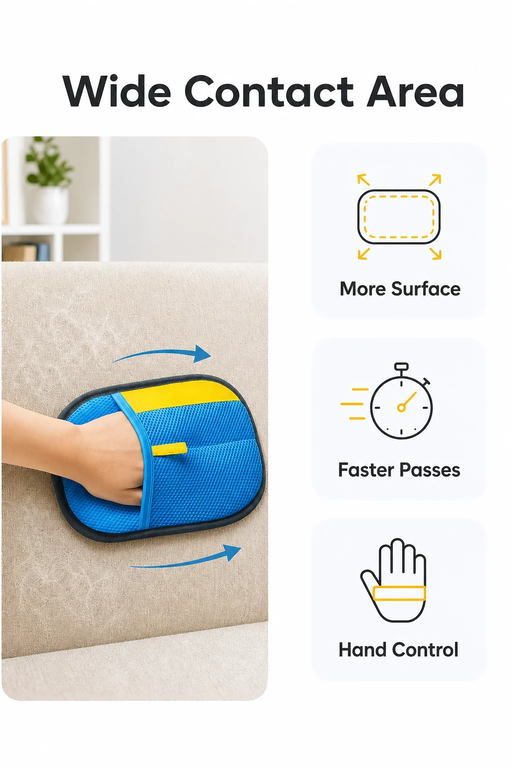 infográfico Wide Contact Area para removedor reutilizável de pelos de pets