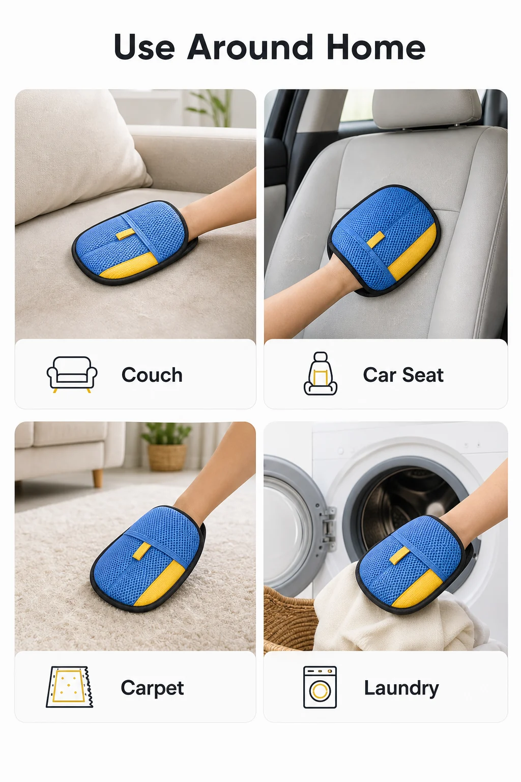 infográfico Use Around Home para sofá tapete banco do carro e roupas