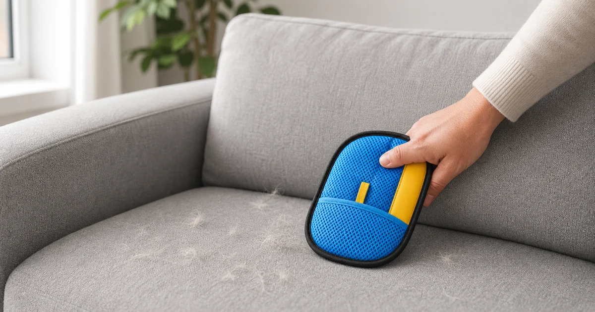 Luva azul e amarela remove pelos de pets em tecido de sofa