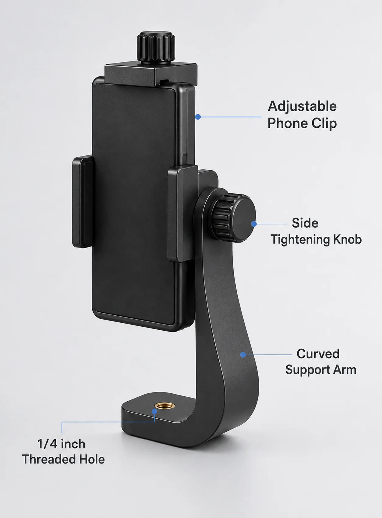 Structure du support smartphone avec pince molette bras et filetage 1/4 pouce