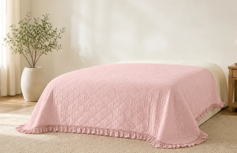 Couvre-lit rose matelassé à volant : taille, tombé et style de chambre