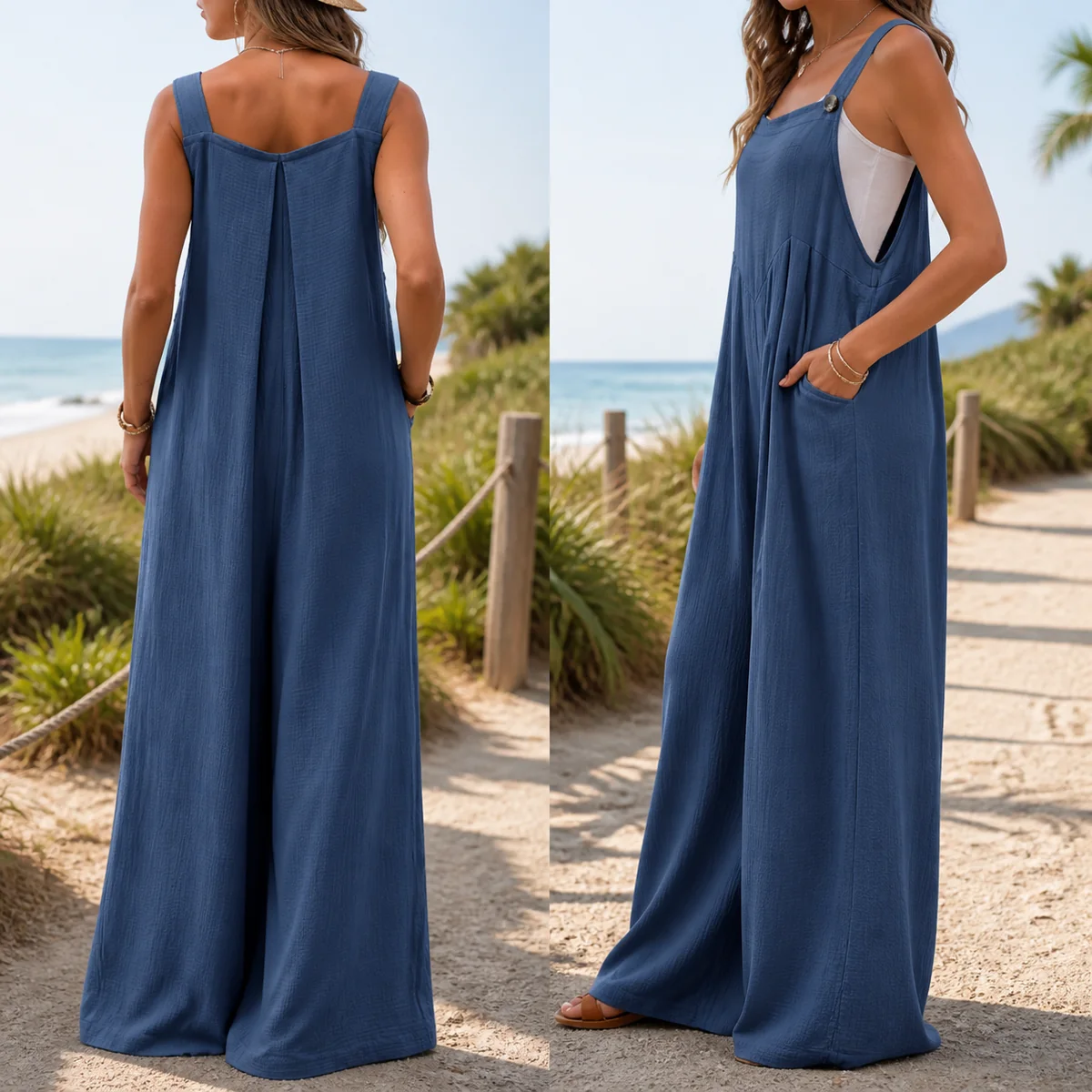 Material and structure detail for Women's Pleated Wide Leg Jumpsuit with Pockets