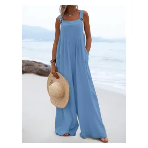 Women's Pleated Wide Leg Jumpsuit with Pockets