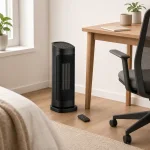 Black tower heater standing beside a desk and office chair, with a remote on the floor