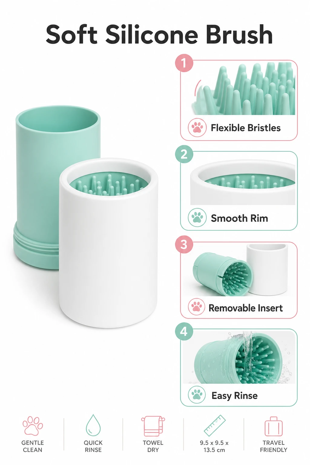 Infográfico Soft Silicone Brush com cerdas flexíveis para patas