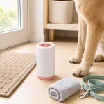 Copo branco e rosa para limpar patas junto das patas dianteiras de um cão, toalha enrolada e trela junto a uma porta