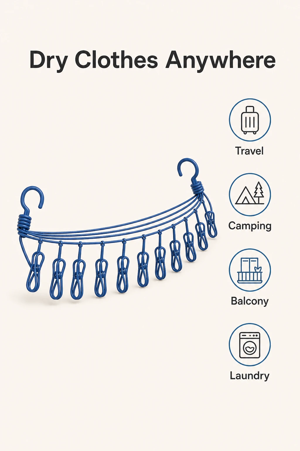 Dry anywhere benefits infographic for portable travel clothesline with 12 clips