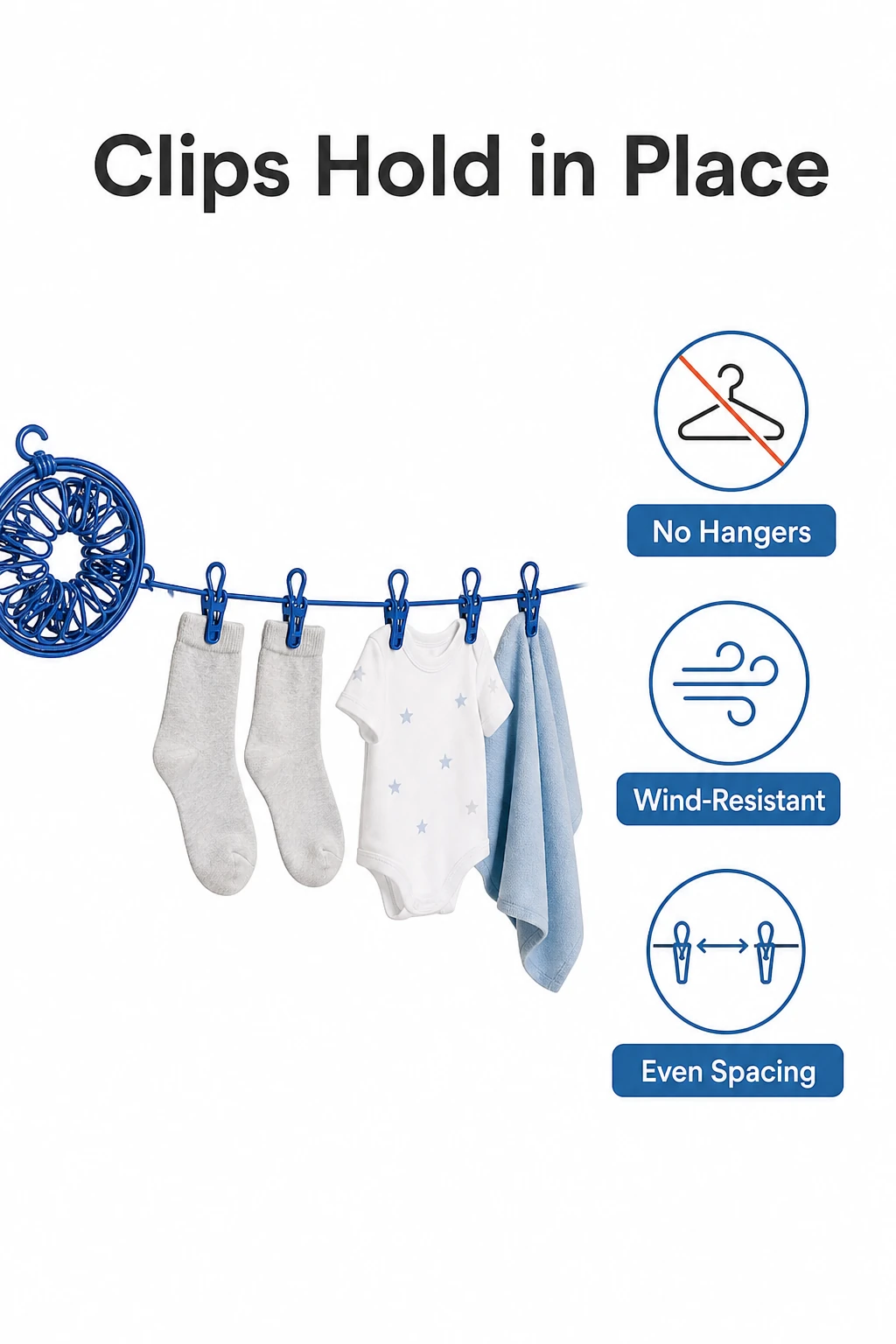 Secure clip mechanism infographic for portable clothesline