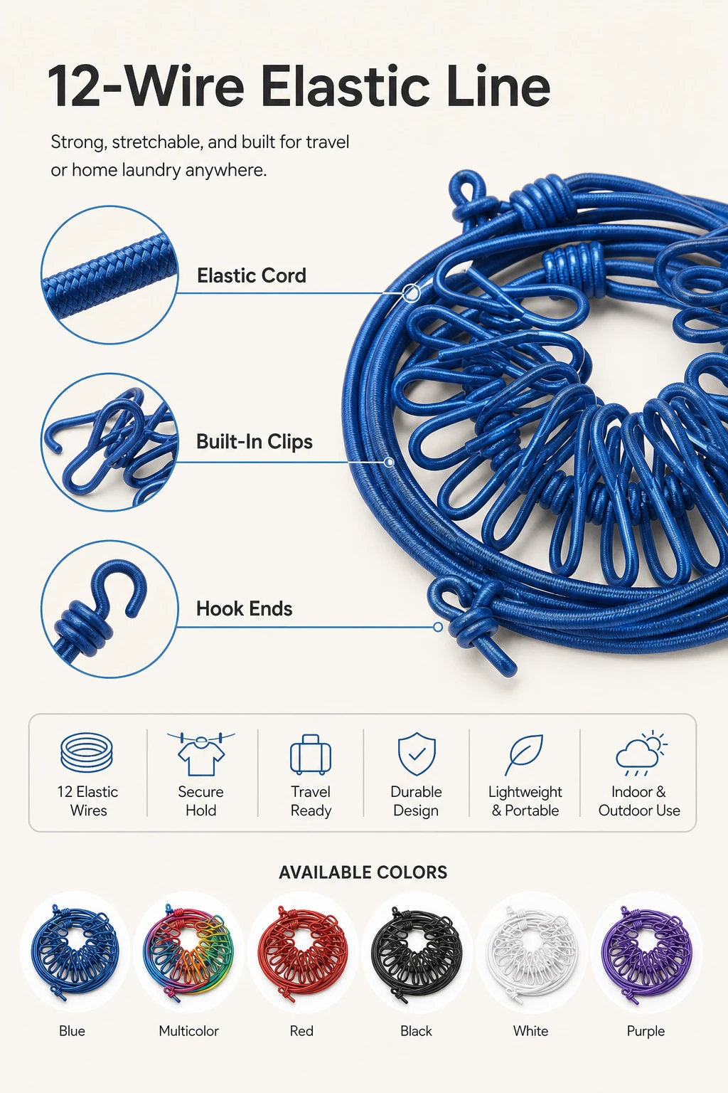 12-wire elastic structure infographic for portable travel clothesline