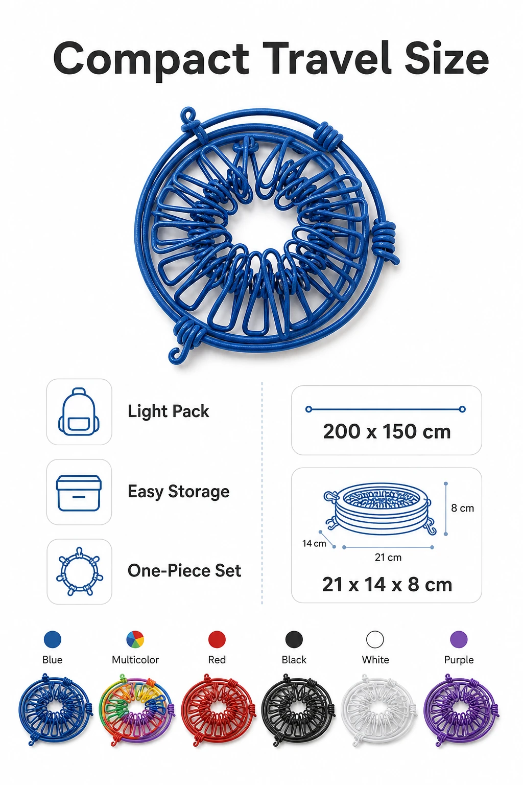 Size and packing infographic for portable travel clothesline