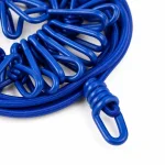 Close-up of a coiled blue clothesline showing its covered clips, cord and looped end hook
