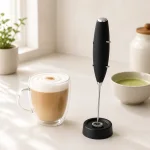 Montalatte portatile nero in piedi accanto a una tazza di caffè e una ciotola di matcha