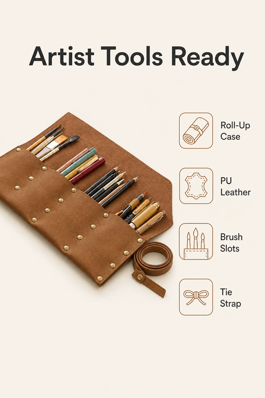 Infographie des avantages de l'étui roulable en cuir PU pour pinceaux