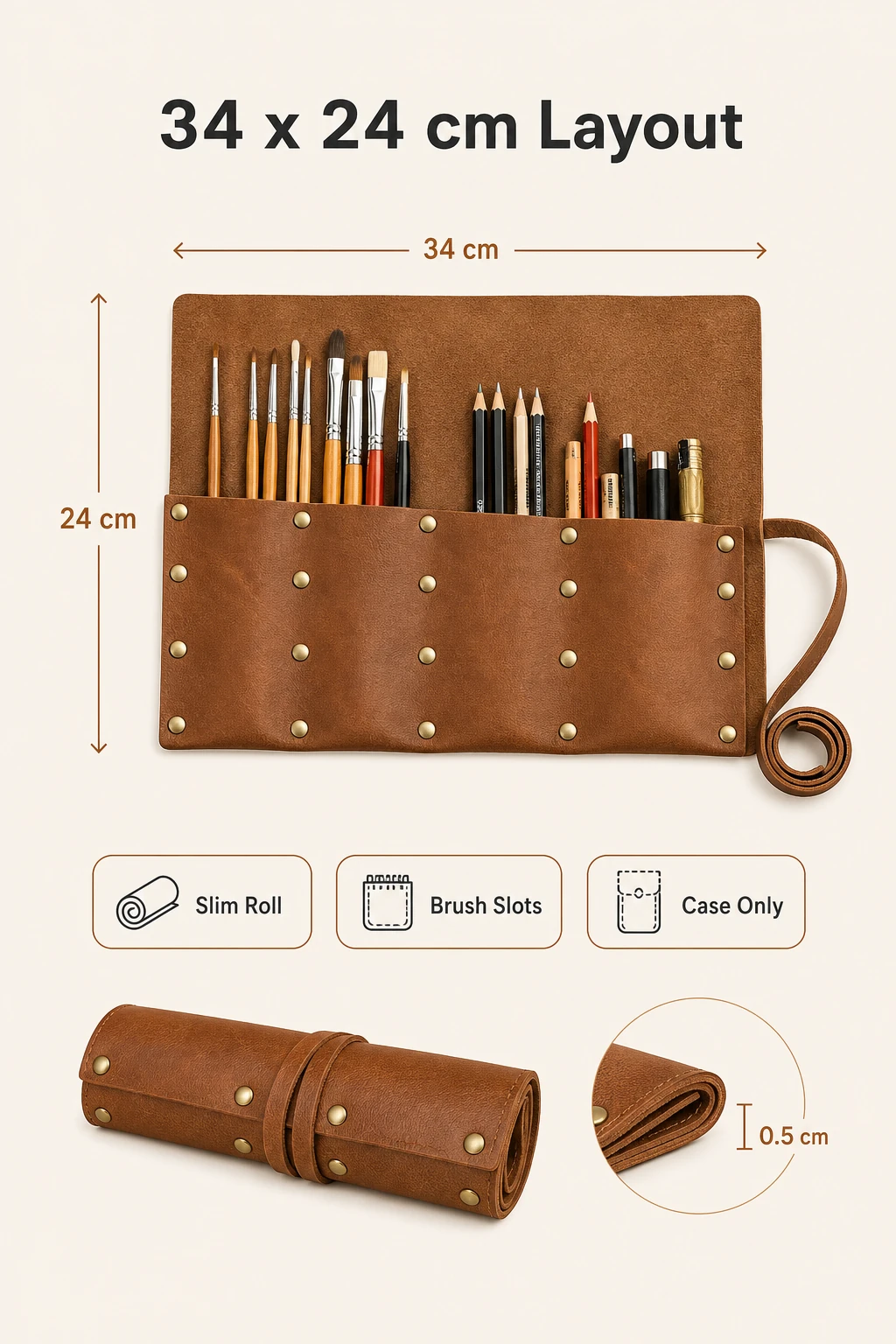 Infographie taille pour étui à pinceaux 34 x 24 cm