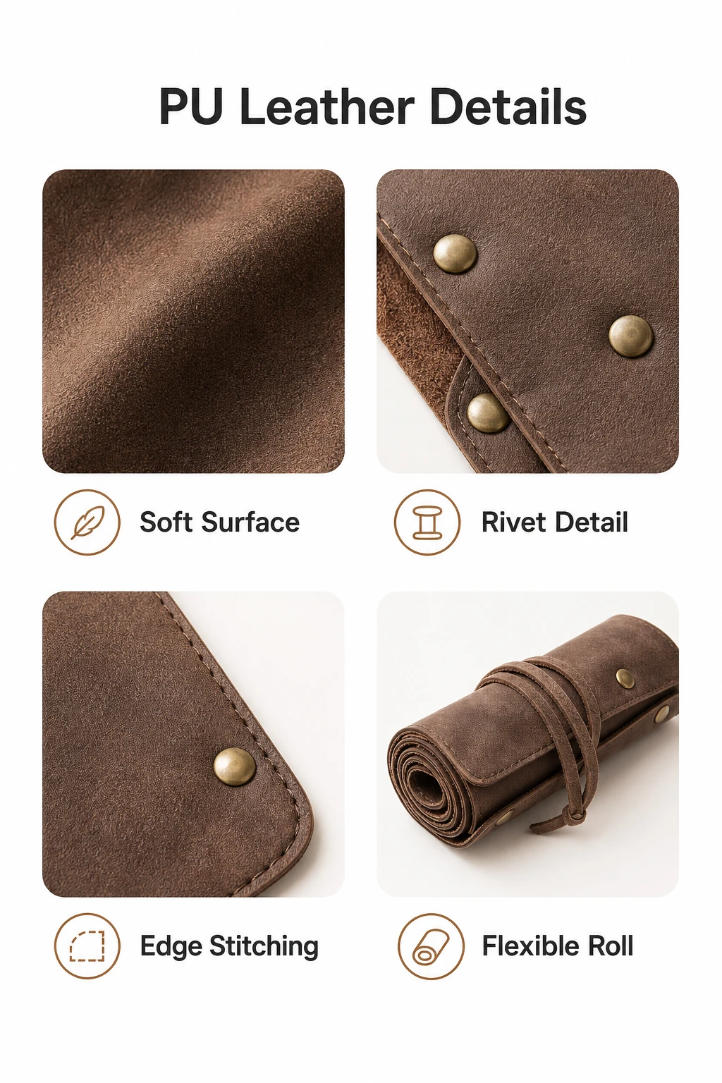 Infographie cuir PU rivets coutures et rouleau flexible