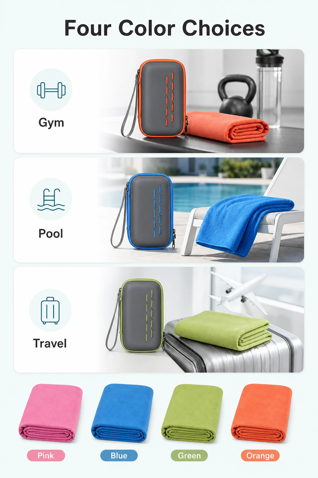Infografía de colores y usos para toalla deportiva de microfibra