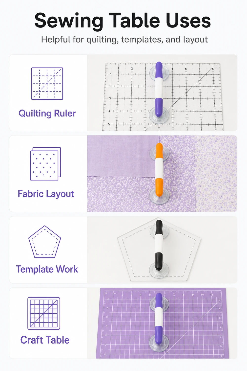 Diagramma in quattro riquadri che mostra una maniglia a ventosa usata con un righello per quilting, tessuto e sagome