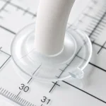 Close-up of a clear suction cup and release tab beneath a white handle on a marked quilting ruler