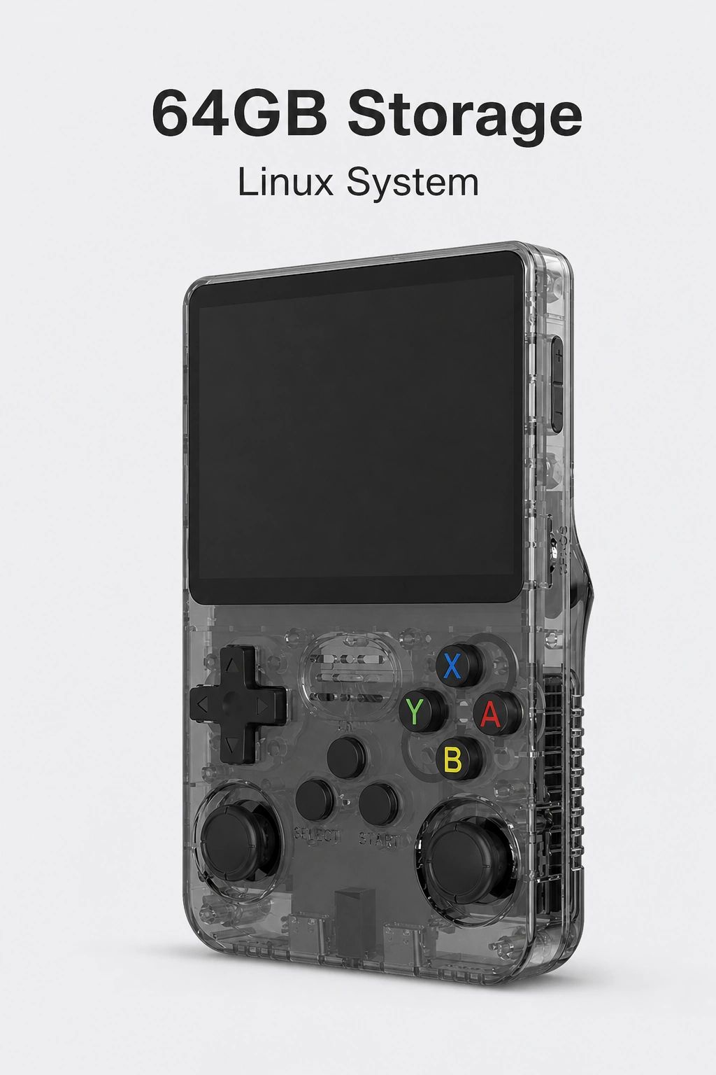 Console noire translucide sous les mentions 64GB Storage et Linux System
