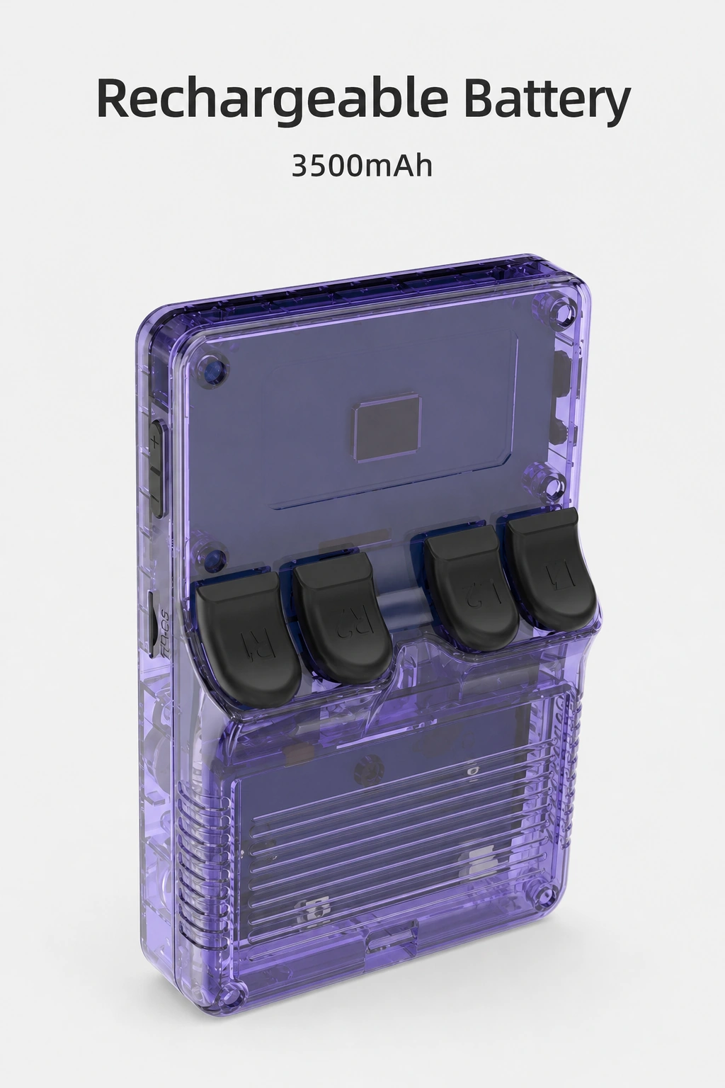 Arrière de la console violette, cache strié et quatre boutons d’épaule sous l’indication batterie 3500 mAh