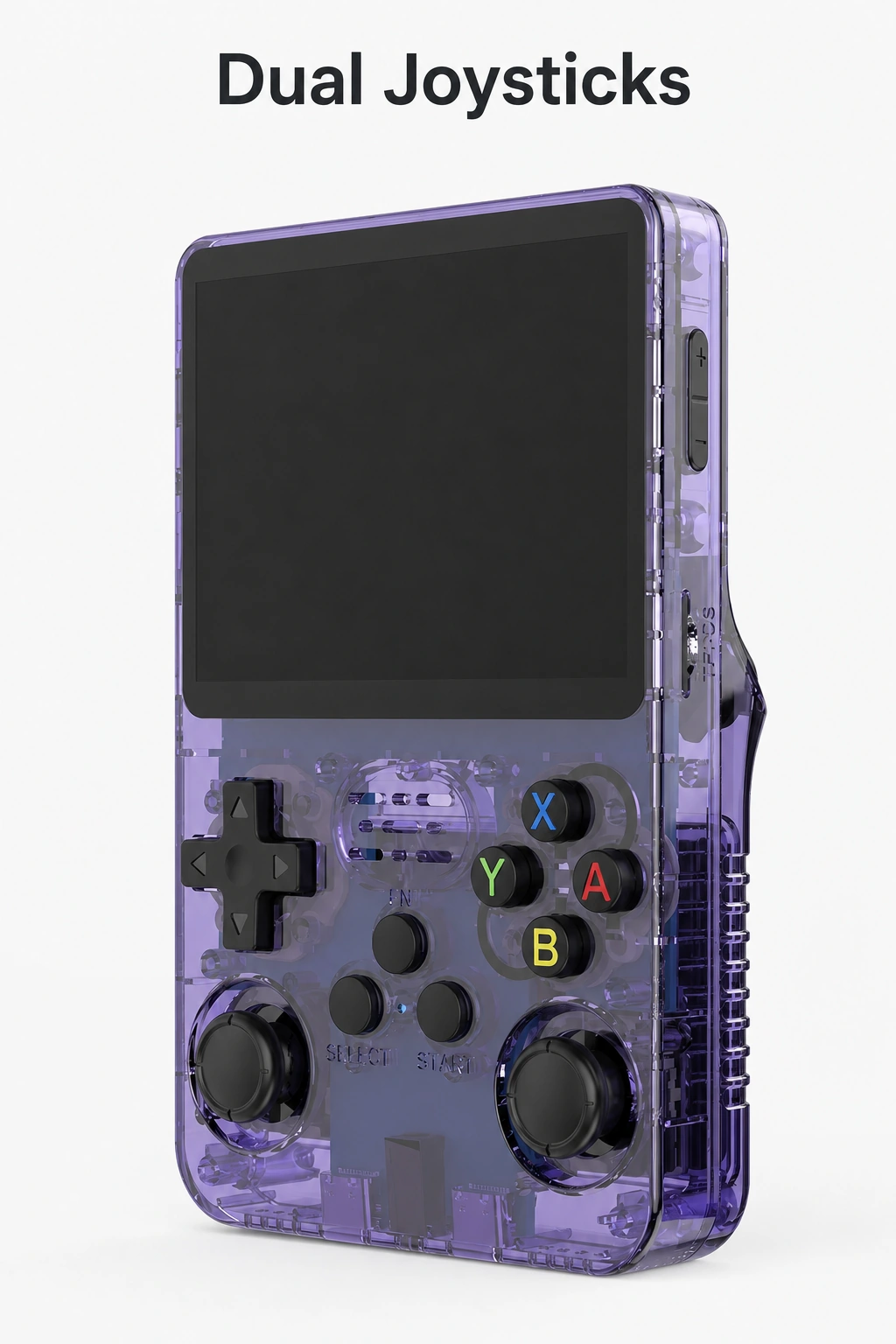 Avant de la console violette avec ses deux joysticks sous le titre Dual Joysticks