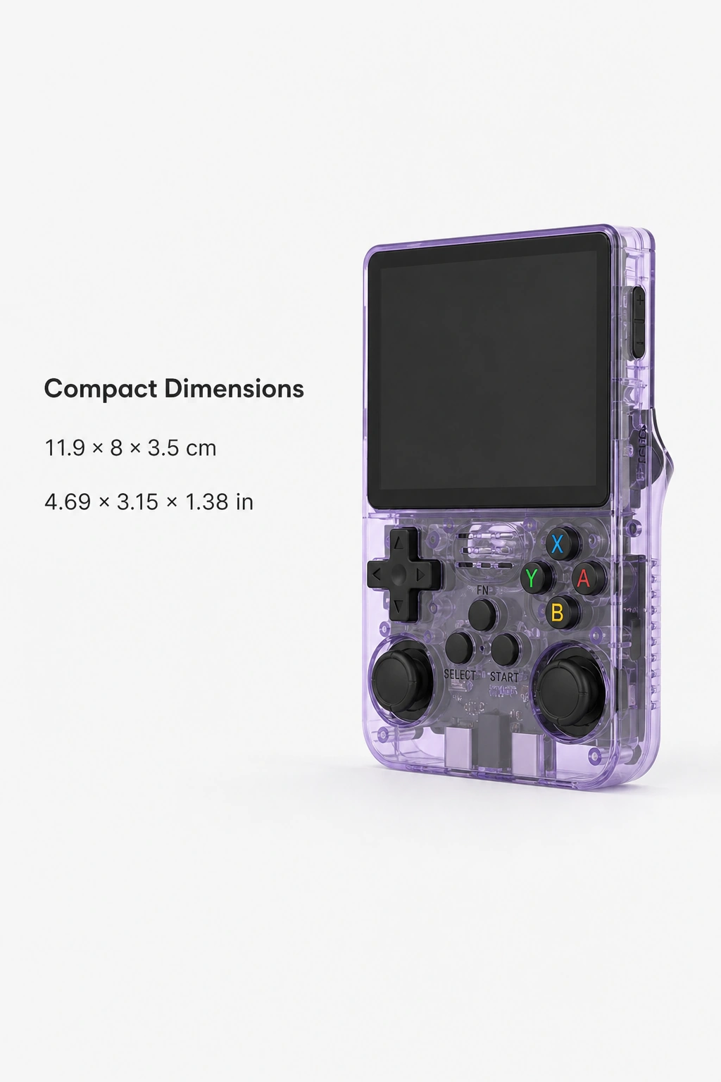 Console violette avec les dimensions du boîtier : 11,9 × 8 × 3,5 cm et 4,69 × 3,15 × 1,38 pouces