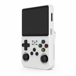 Weiße R36S Retro-Handheld-Konsole mit dunklem Display und zwei Joysticks vor weißem Hintergrund