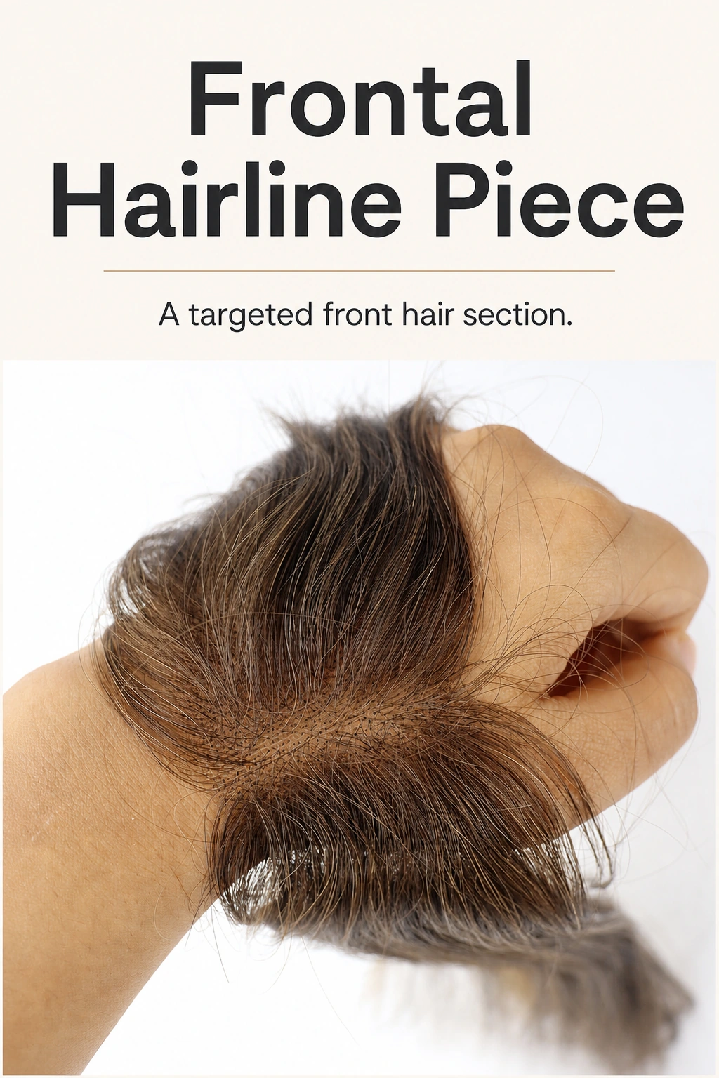Detalle de las raíces frontales sobre una mano bajo el título Frontal Hairline Piece