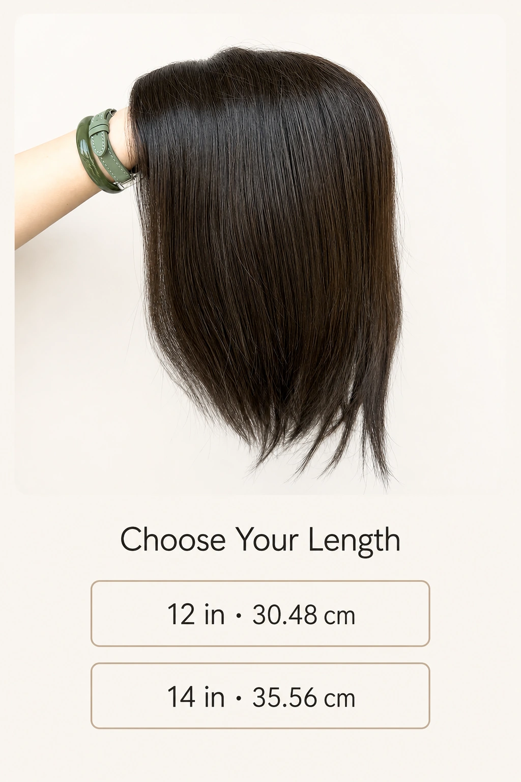 Detalle de cabello negro con opciones de largo de 12 o 14 pulgadas