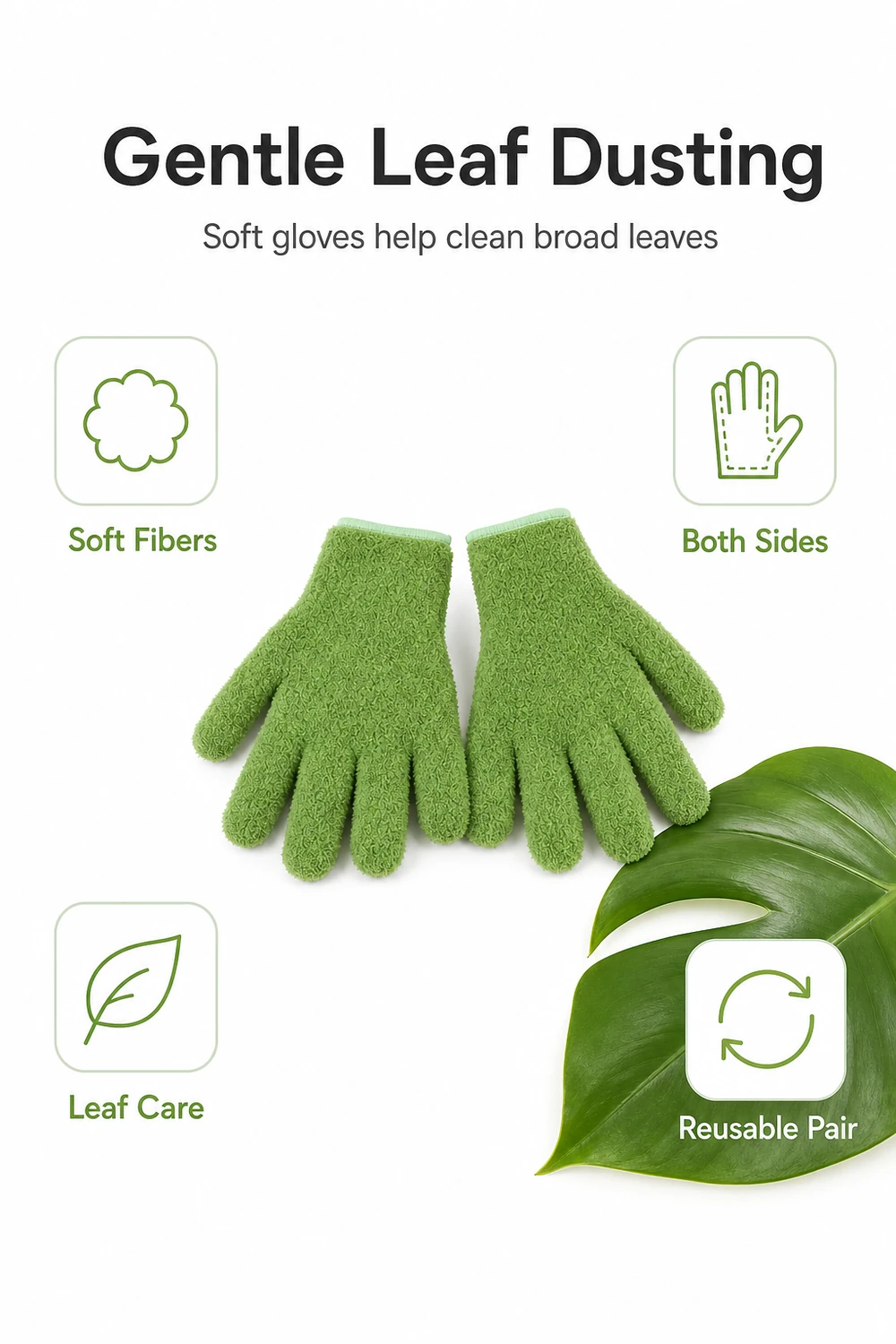 Grüne Handschuhe zum Abstauben von Pflanzen neben einem Blatt mit illustrierten Reinigungseigenschaften
