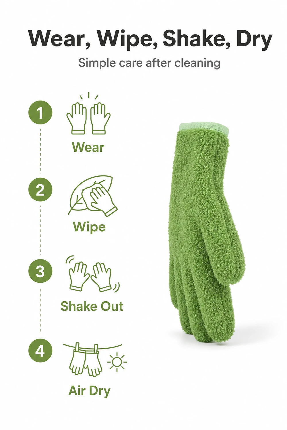 Grüner Handschuh zum Abstauben von Pflanzen neben einem vierstufigen Pflegediagramm
