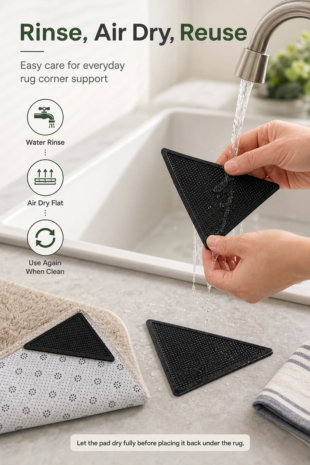 Wiederverwendbare Teppich-Eckenhalter für glatte Böden Material und Aufbau