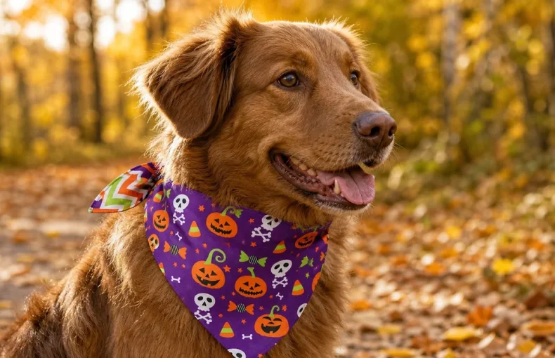 Como escolher uma bandana dupla face de Halloween para cachorro: pescoço e estampas