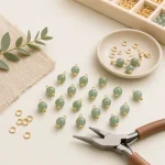 Breloques rondes vertes avec anneaux dorés près de pinces, anneaux de jonction et petite coupelle sur une table créative