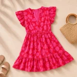 Pink floral mini dress laid flat beside a woven bag and sandals