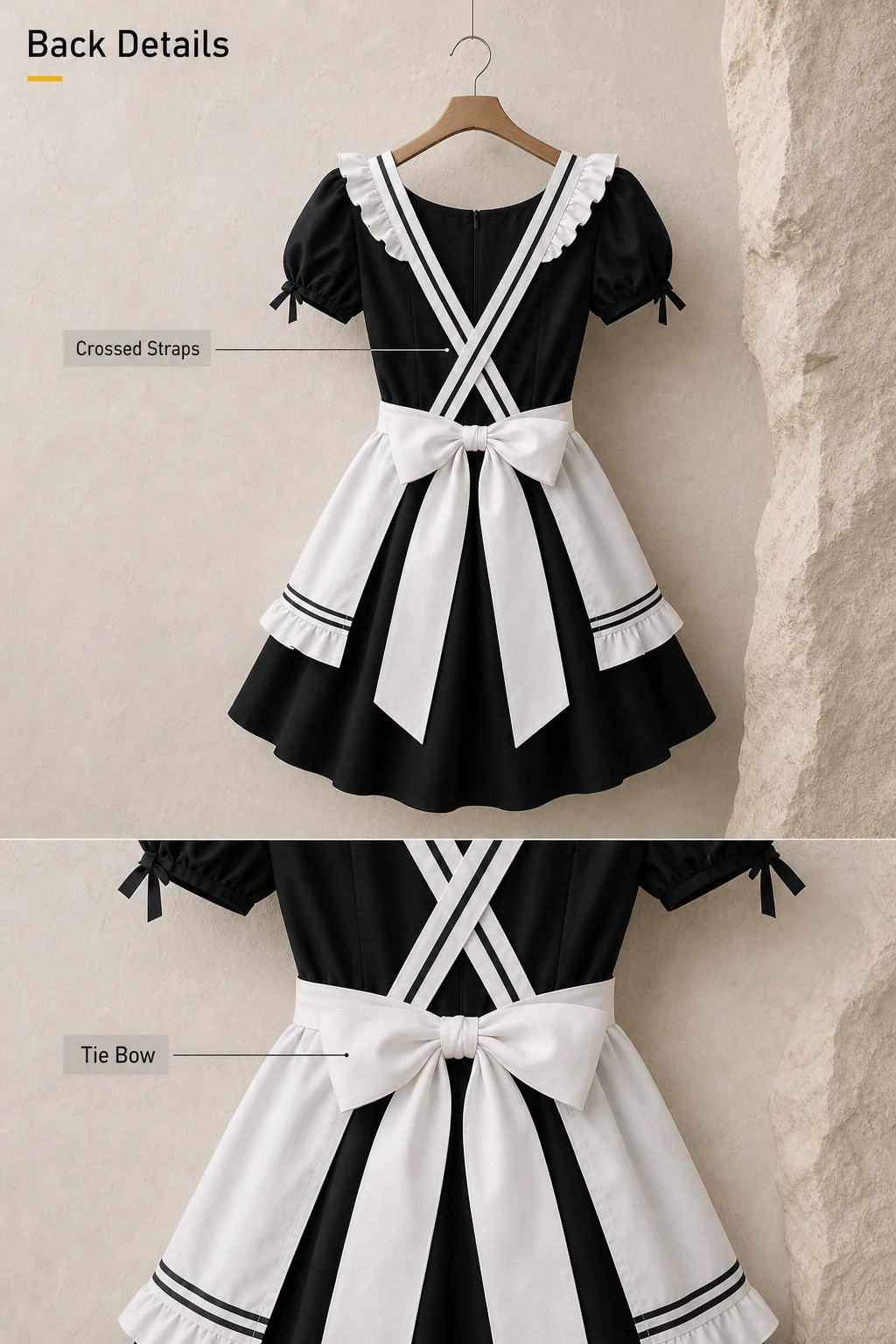 Rear view and close-up of the apron’s crossed black-edged white straps and large white tie bow, with the black dress behind them.