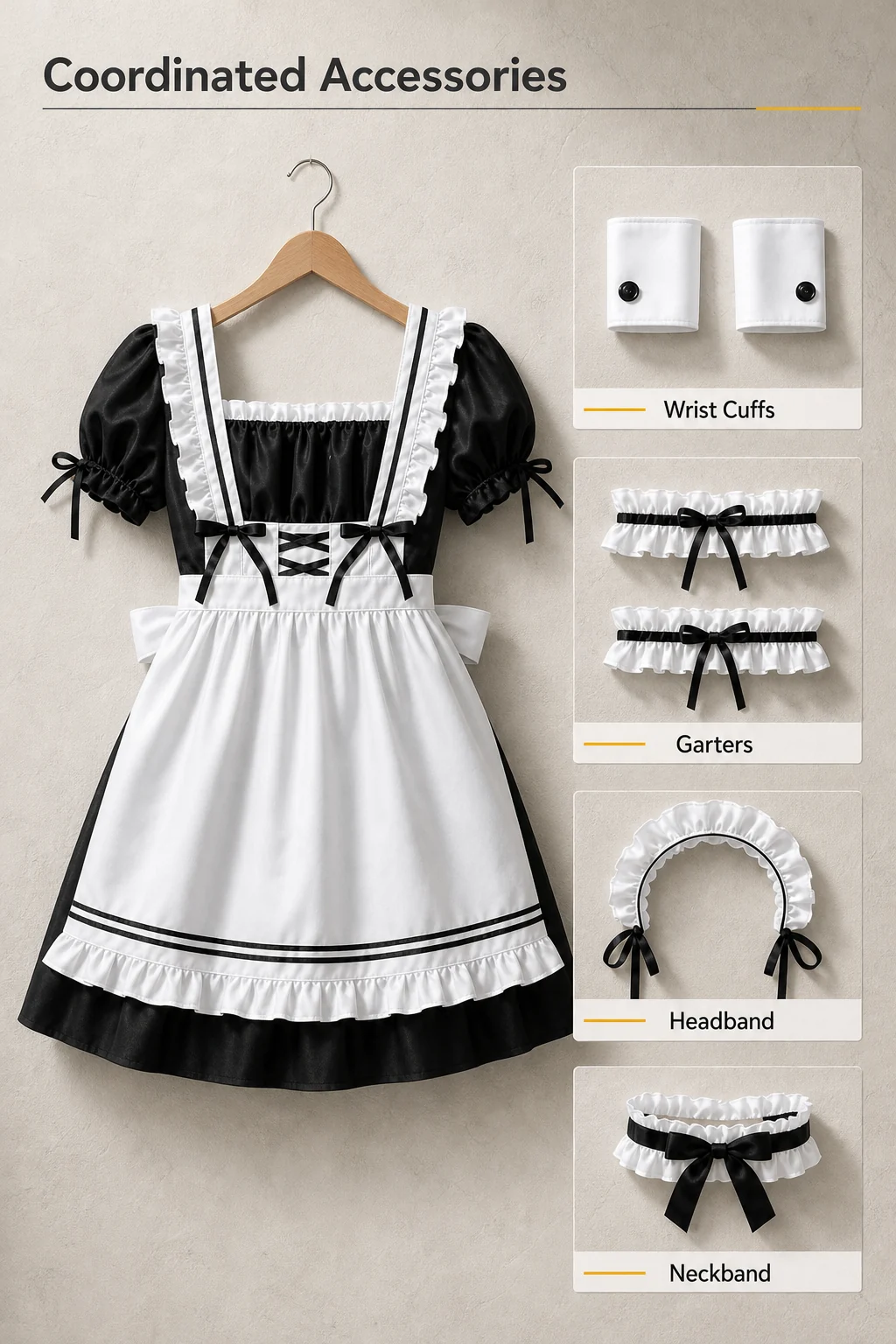 Black dress and white apron on a hanger beside separate close-ups of two wrist cuffs, two garters, a ruffled headband and a neckband with a black bow.