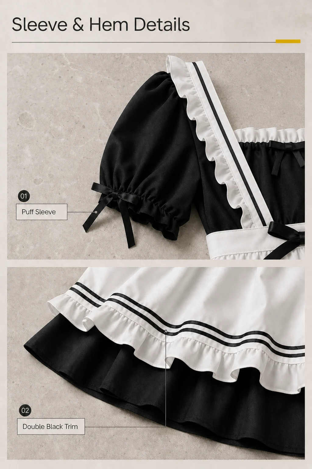 Two close-ups show a black puff sleeve with a ribbon tie and the white apron’s double black ribbon trim and ruffled hem above the black skirt.