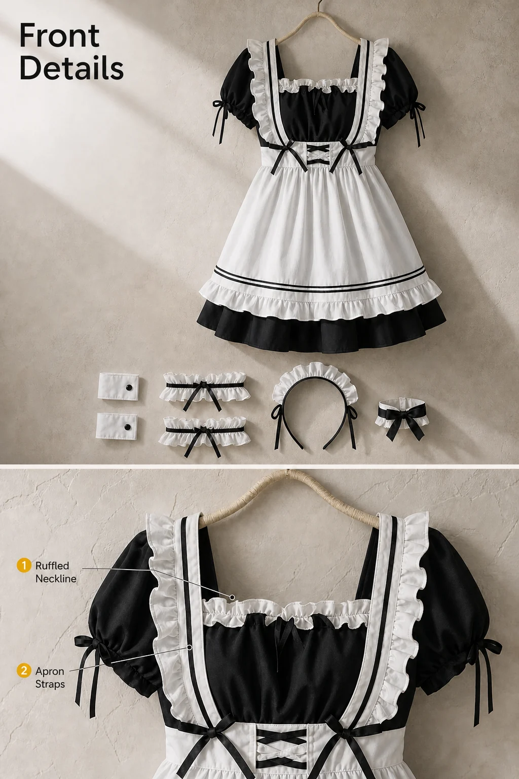 Front view of the black dress and white apron with six accessories below, followed by a close-up labeling the square ruffled neckline and black-edged apron straps.