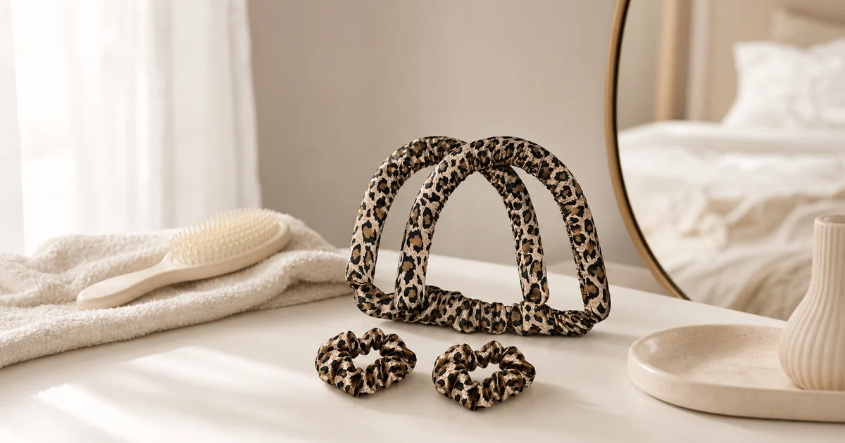 Leopard satin heatless curling ribbon set with two scrunchies on a bedroom vanity
